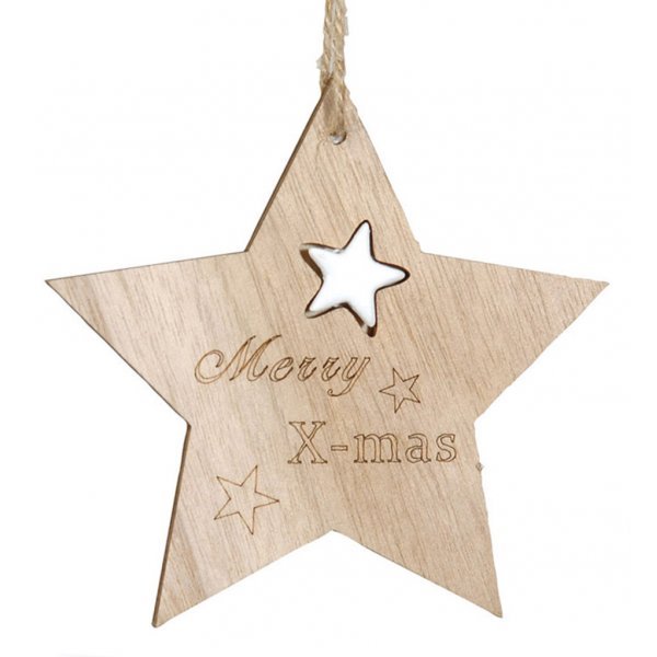 Χριστουγεννιάτικο Κρεμαστό Ξύλινο Αστεράκι, με Σχέδιο "Merry X-mas" και Μικρό Αστεράκι (12cm)